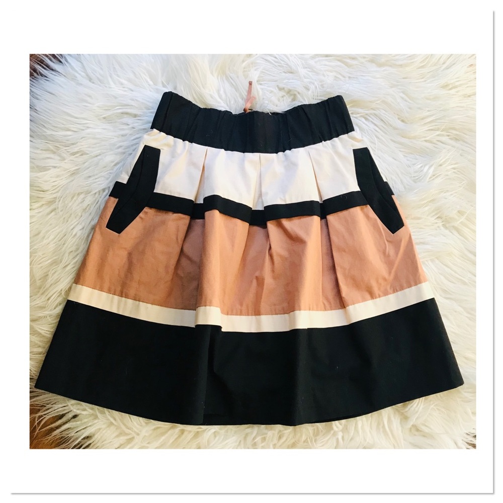 Anthropologie HD In Paris Veldt Striped Skirt Pleated Black Tan Cream Size XS